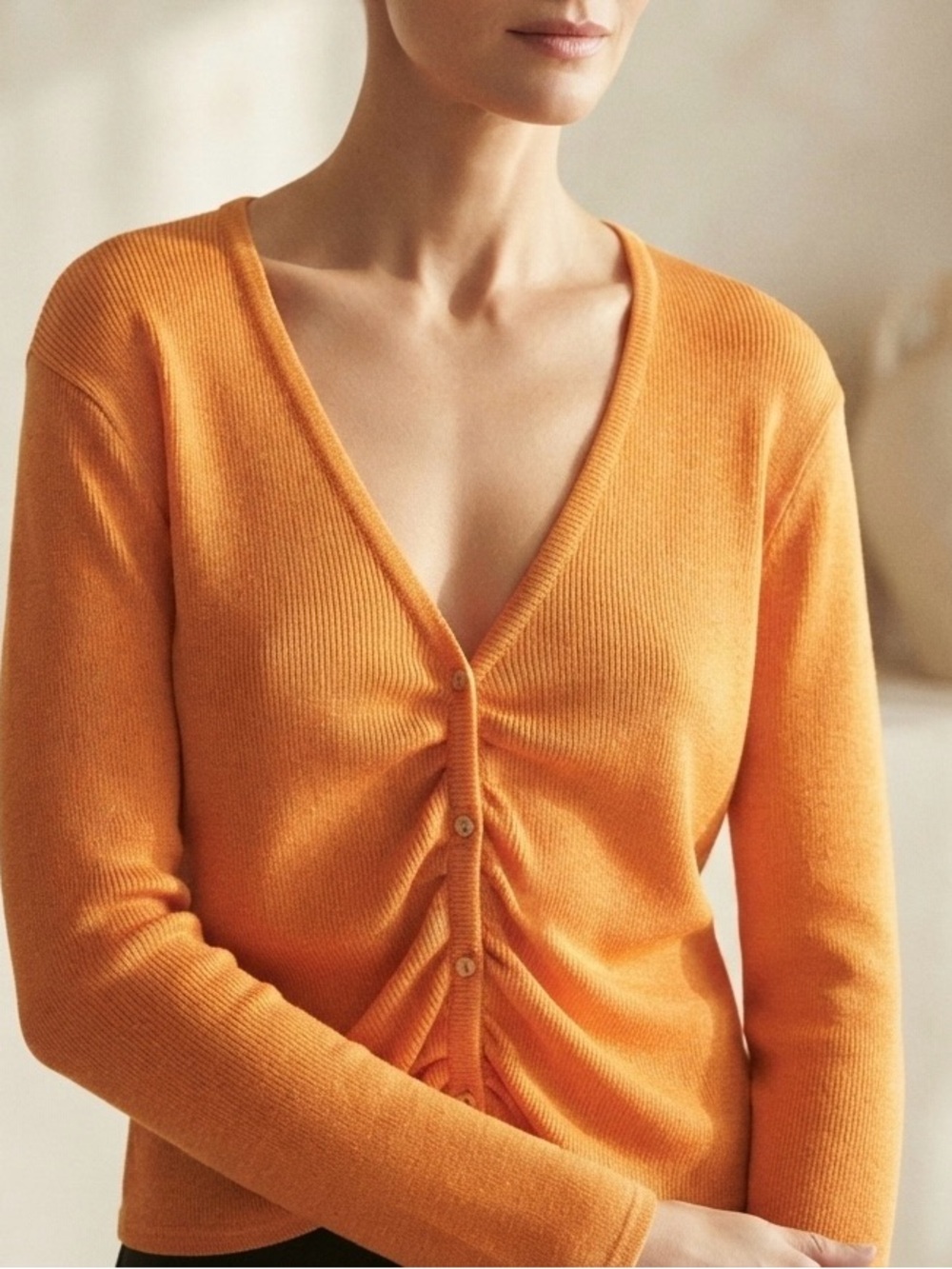 Zara Orange V-Neck Ruched Front Button Cardigan